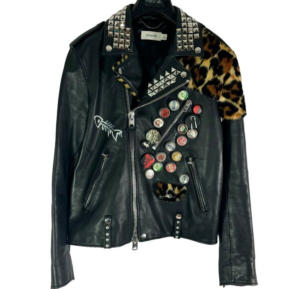 COACH Moto Biker Black Leather Embellished Studded Pins Fur Men's Jacket 48 M - Picture 1 of 16